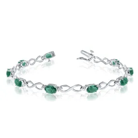 10K White Gold Oval Emerald Stones And Diamonds Infinity Tennis Bracelet, 7"