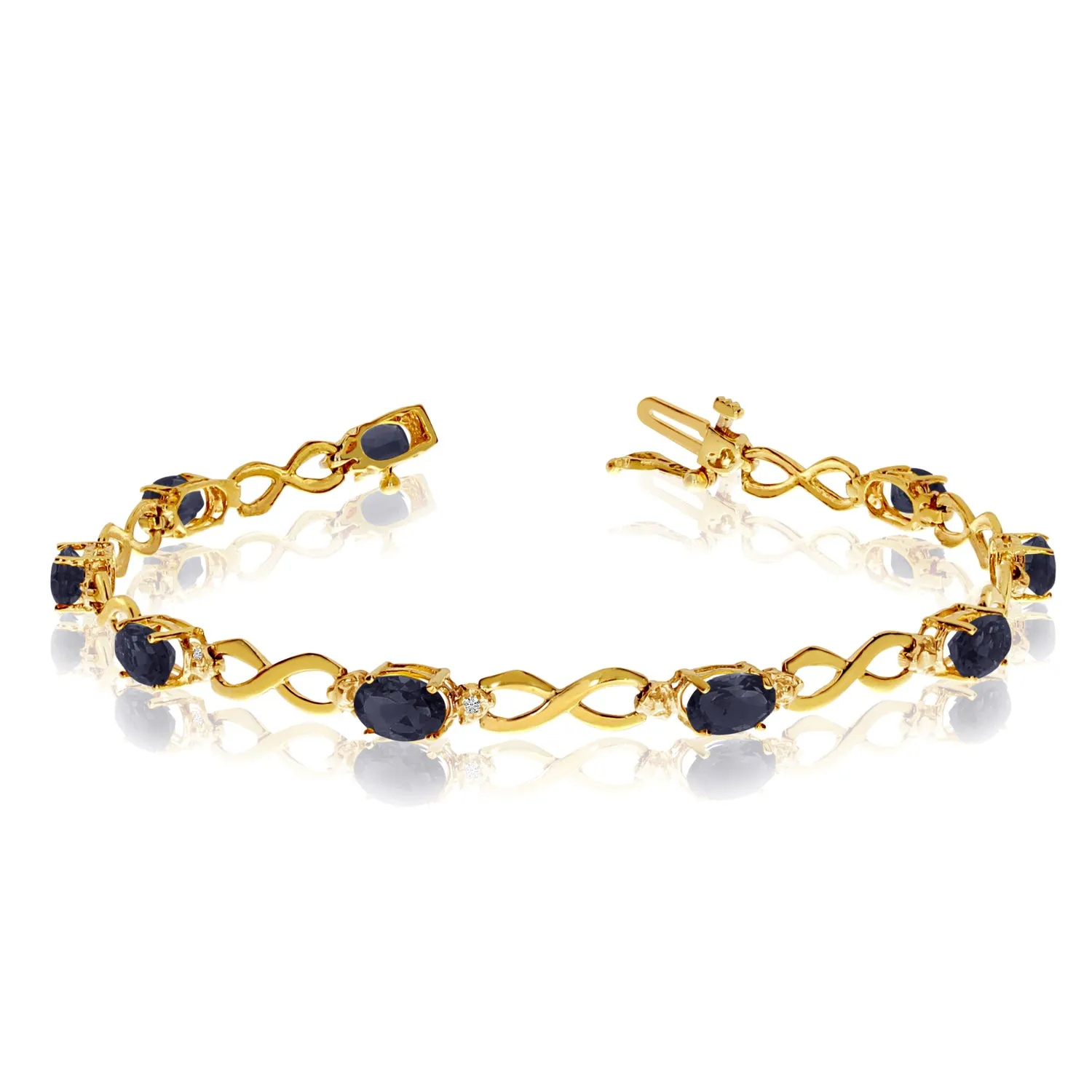 10K Yellow Gold Oval Sapphire Stones And Diamonds Infinity Tennis Bracelet, 7"