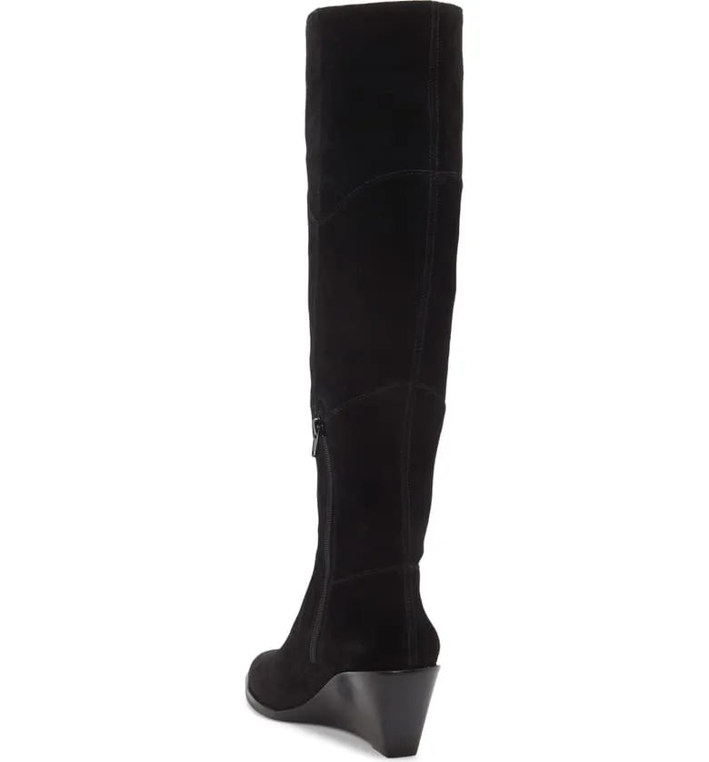 1.State Kern Black Soft Suede Knee High Low Wedge Pointed Toe Dress Boots