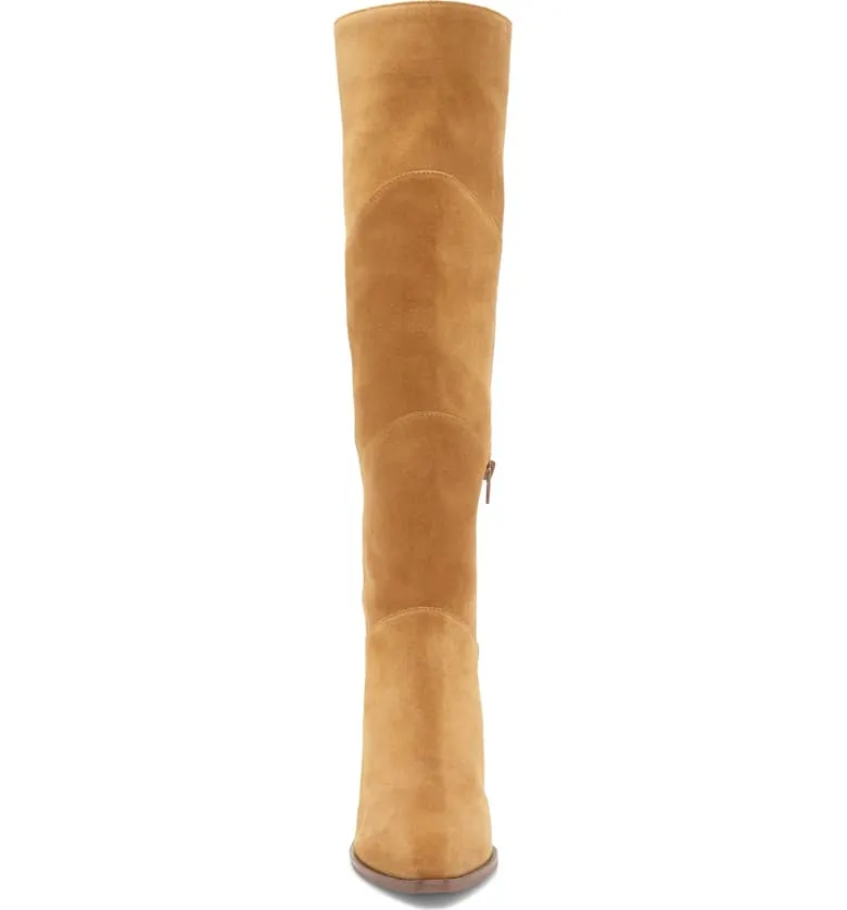 1.State Kern Marigold Tan Suede Knee High Low Wedge Pointed Toe Dress Boots