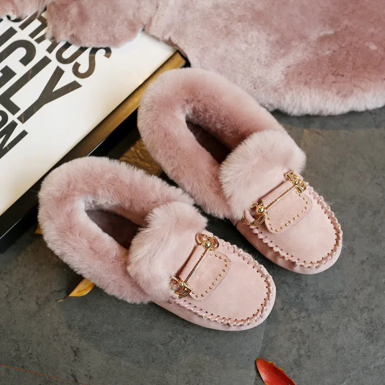 2023 Winter 100% Genuine Leather Real Wool Women Flats New Fashion Female Moccasins Casual Loafers P