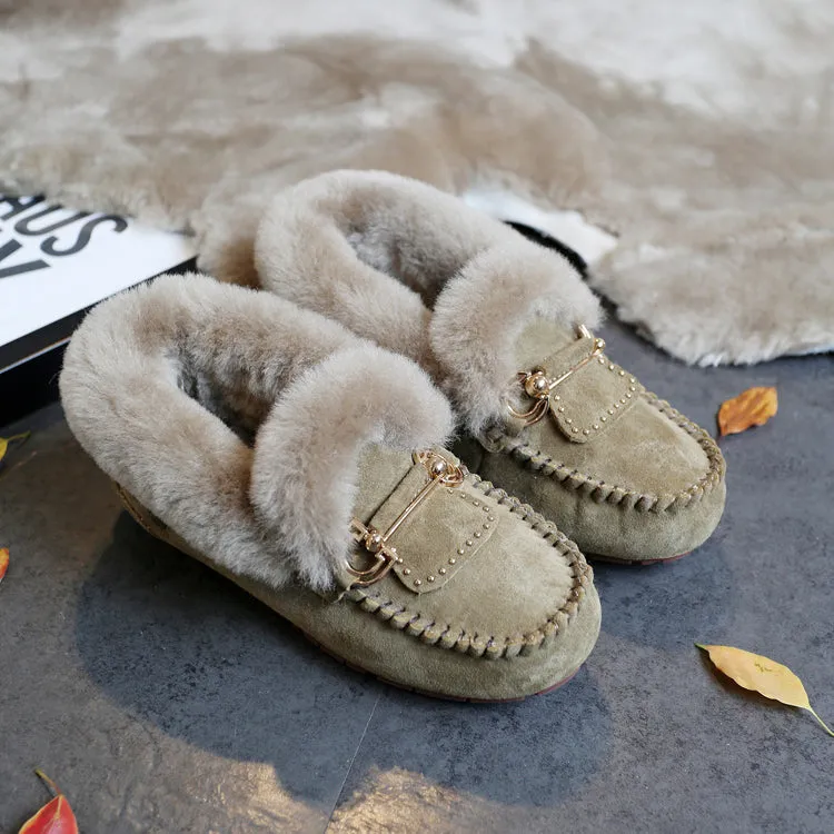 2023 Winter 100% Genuine Leather Real Wool Women Flats New Fashion Female Moccasins Casual Loafers P