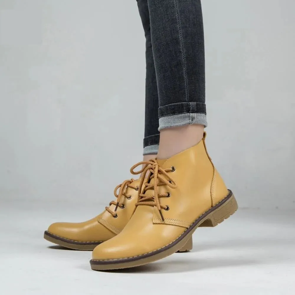 6 Colors Classic Genuine Leather Women's Winter Lace-up Flat Boots