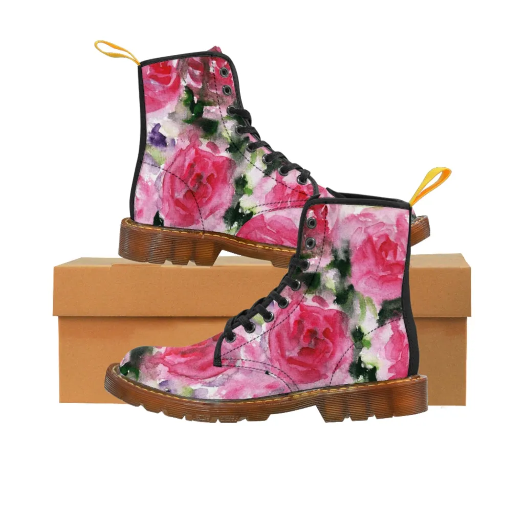 Abstract Pink Floral Women's Boots, Best Luxury Flower Rose Print Designer Hiking Boots For Women (US Size 6.5-11)