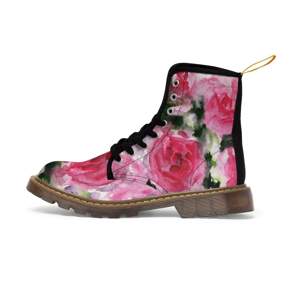 Abstract Pink Floral Women's Boots, Best Luxury Flower Rose Print Designer Hiking Boots For Women (US Size 6.5-11)