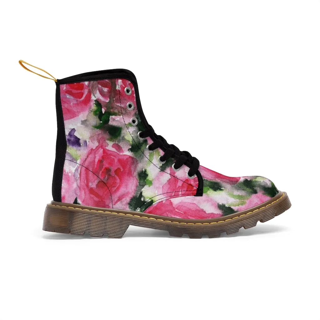 Abstract Pink Floral Women's Boots, Best Luxury Flower Rose Print Designer Hiking Boots For Women (US Size 6.5-11)