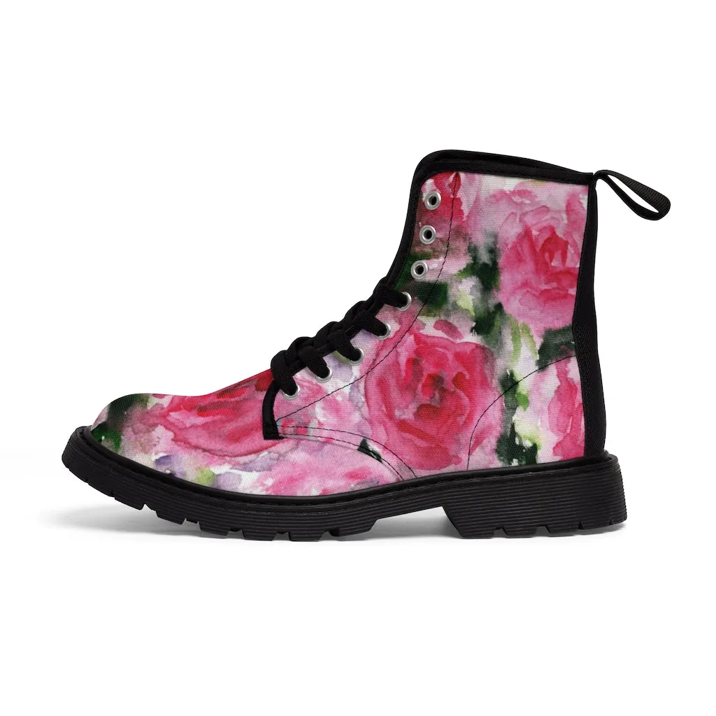 Abstract Pink Floral Women's Boots, Best Luxury Flower Rose Print Designer Hiking Boots For Women (US Size 6.5-11)