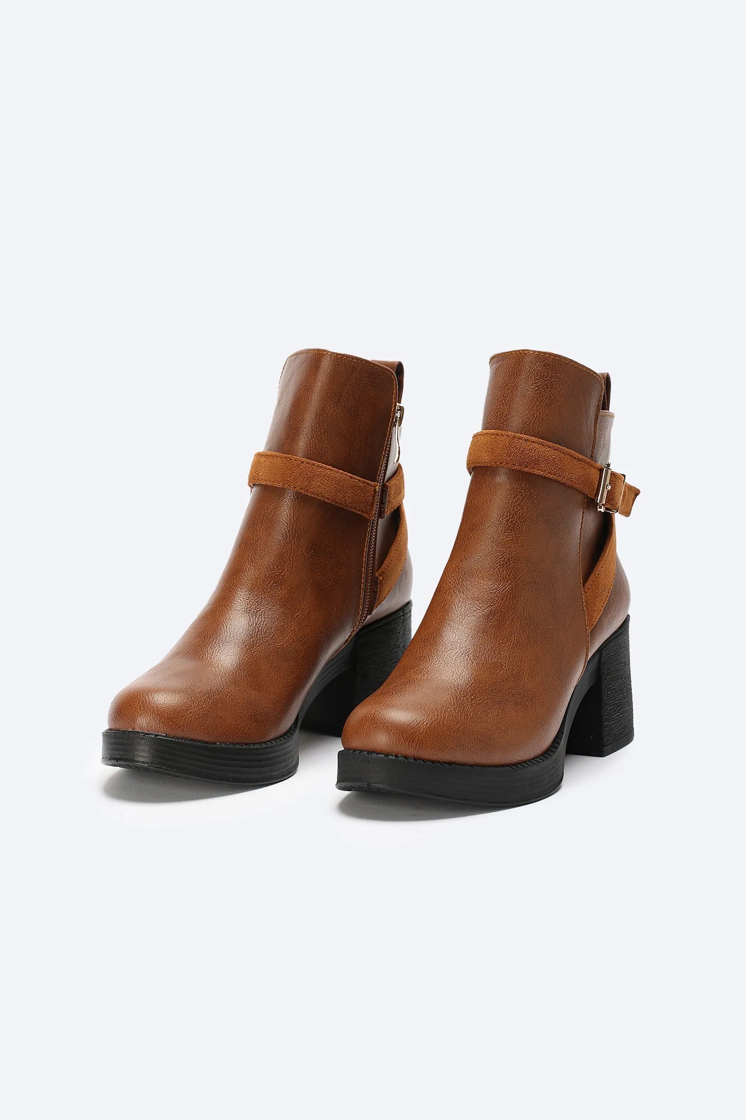 Ankle Boots - Buckle Strap - Block High Heel - Brown