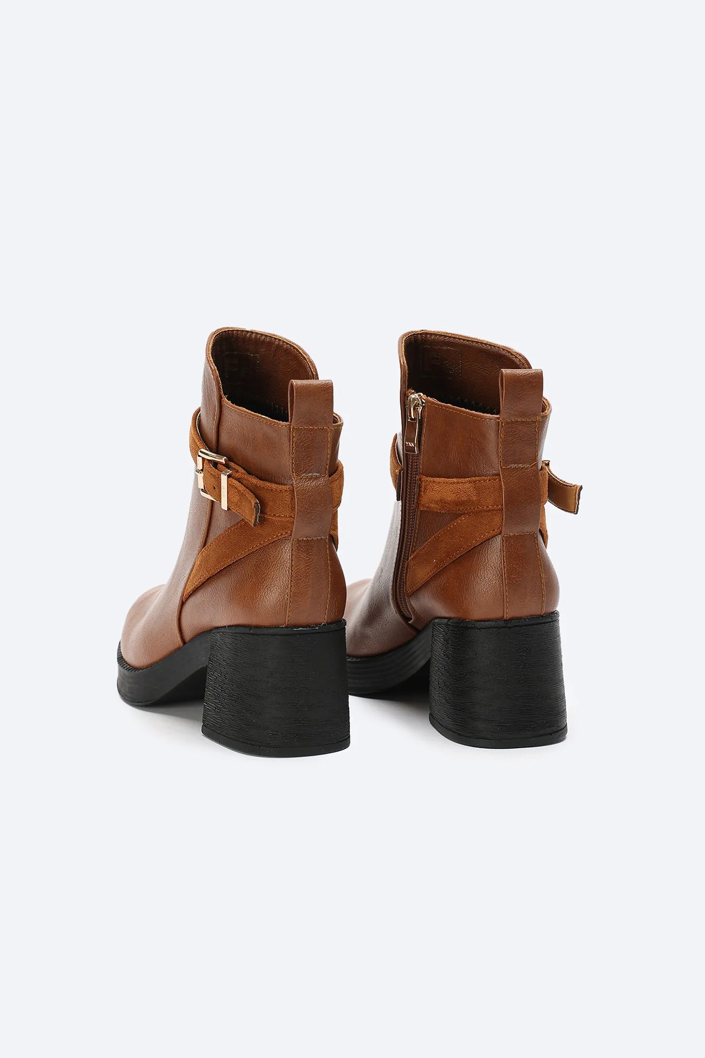 Ankle Boots - Buckle Strap - Block High Heel - Brown