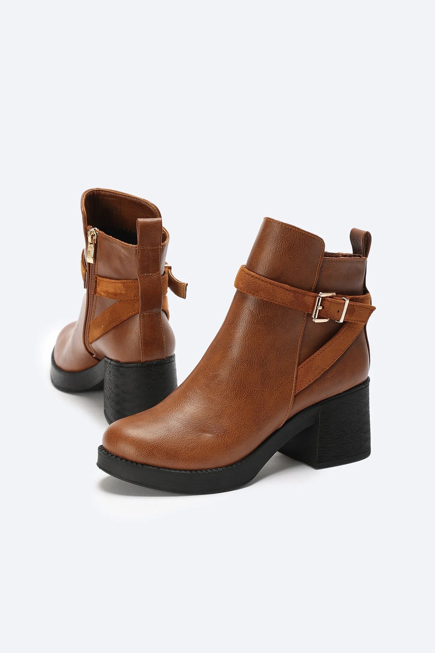 Ankle Boots - Buckle Strap - Block High Heel - Brown