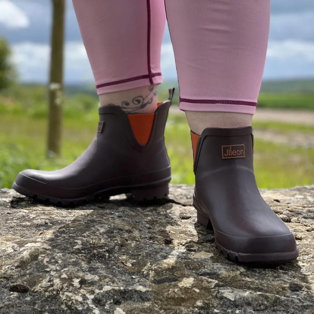 Ankle Wellies - Chocolate and Orange Trim - Wide Foot