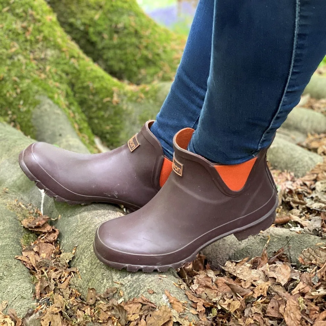 Ankle Wellies - Chocolate and Orange Trim - Wide Foot