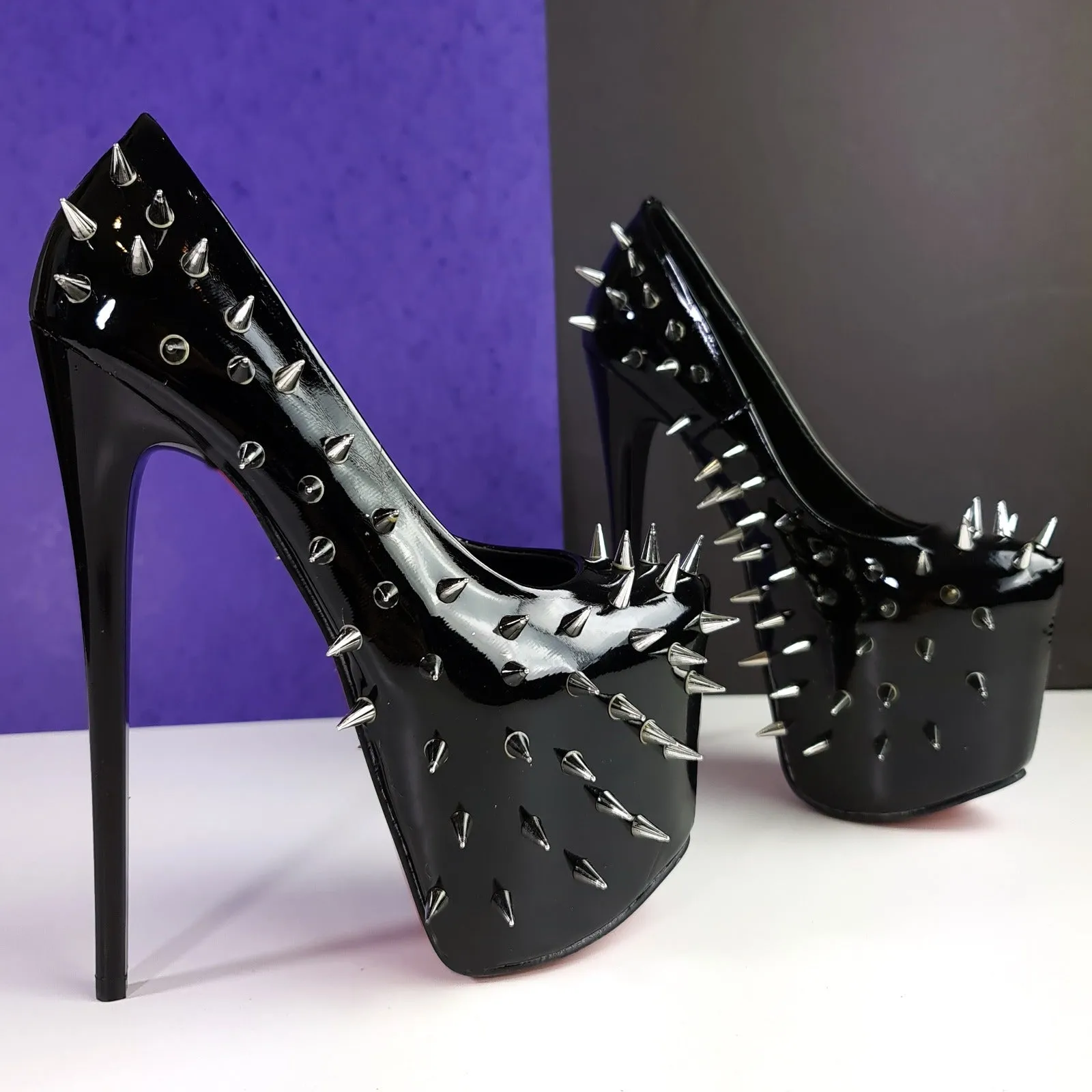 Black Gloss Spike Stutted Platform High Heels