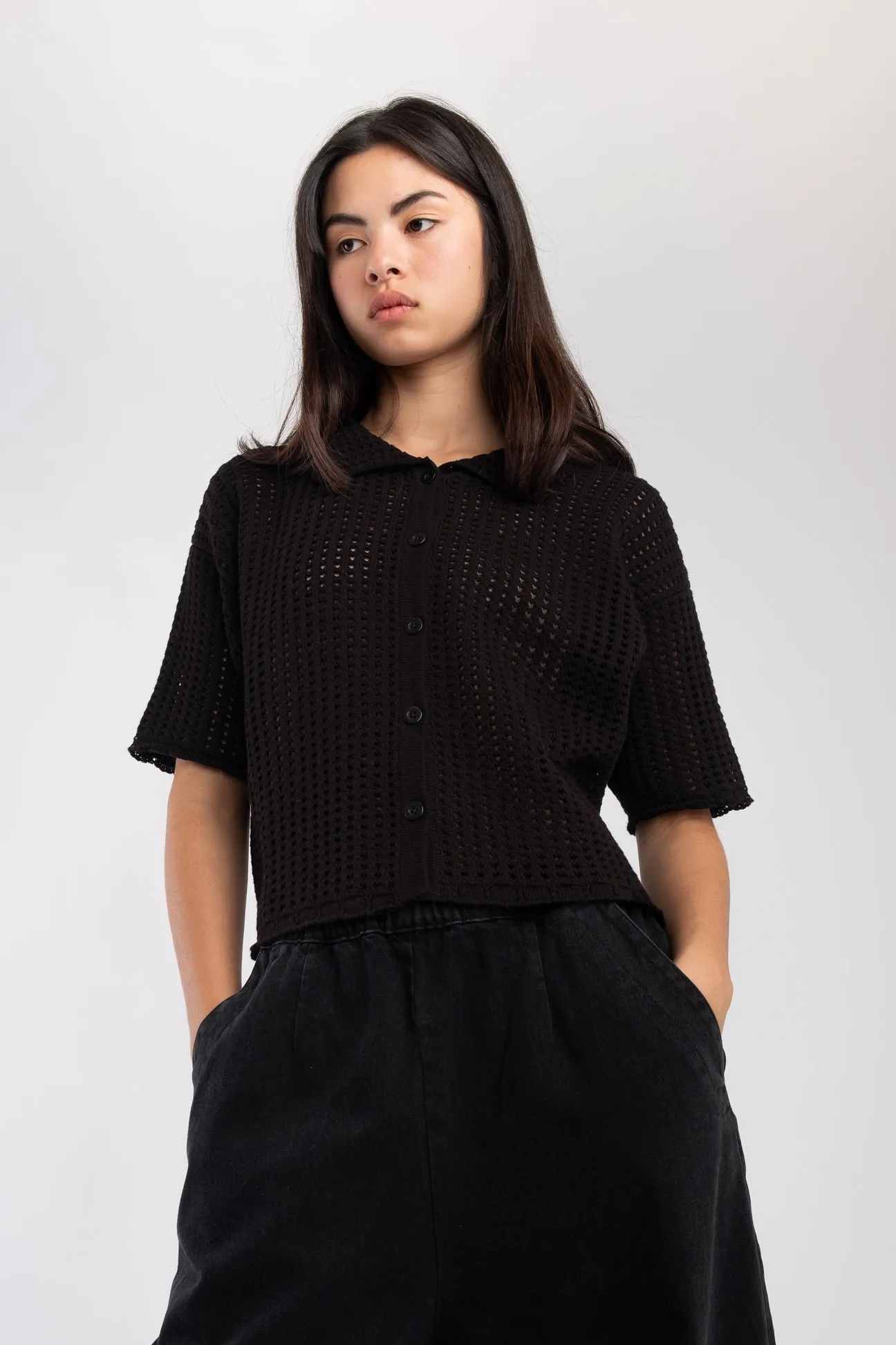 Black Open Knit Polo