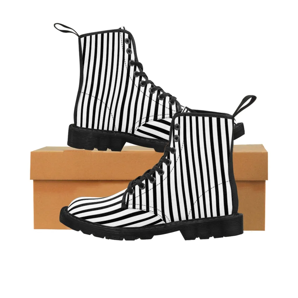 Black Striped Women's Canvas Boots, Vertical Stripes Print Winter Hiking Combat Boots For Ladies