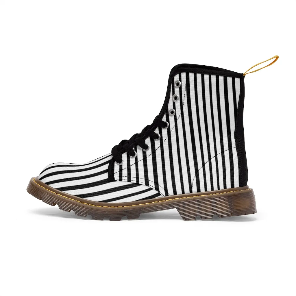 Black Striped Women's Canvas Boots, Vertical Stripes Print Winter Hiking Combat Boots For Ladies