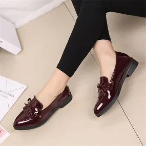 British Style Tassel Bow Flat Single Shoes Pointed Toe Flat Heel