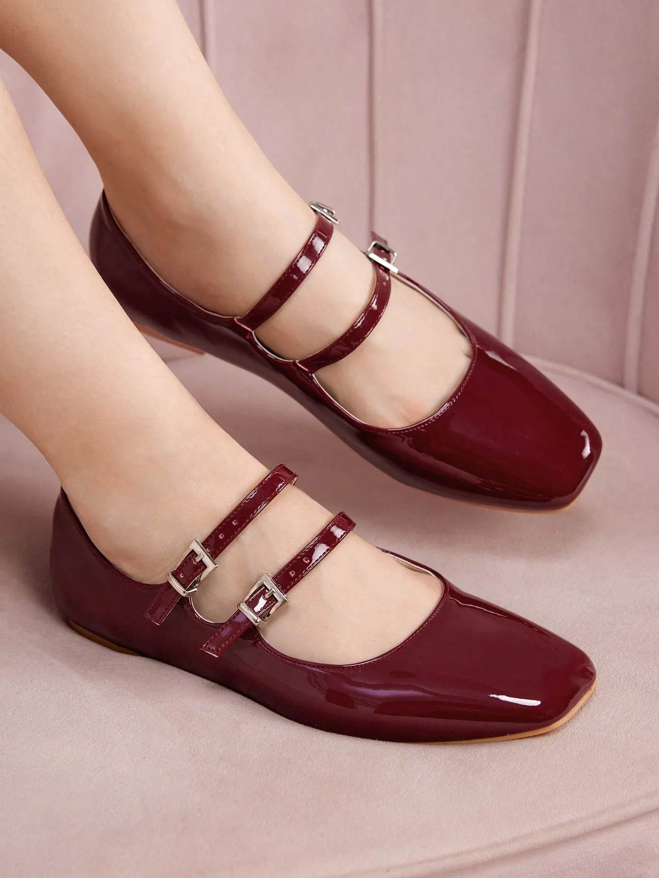 CUCCOO DOLLMOD Women Fashion Leather Burgundy Mary Jane Buckle Decor Square Toe Red Flats, Valentine's Shoes For Summer Vacation Shoes Summer Sale Back To School Shoes College Student Shoes