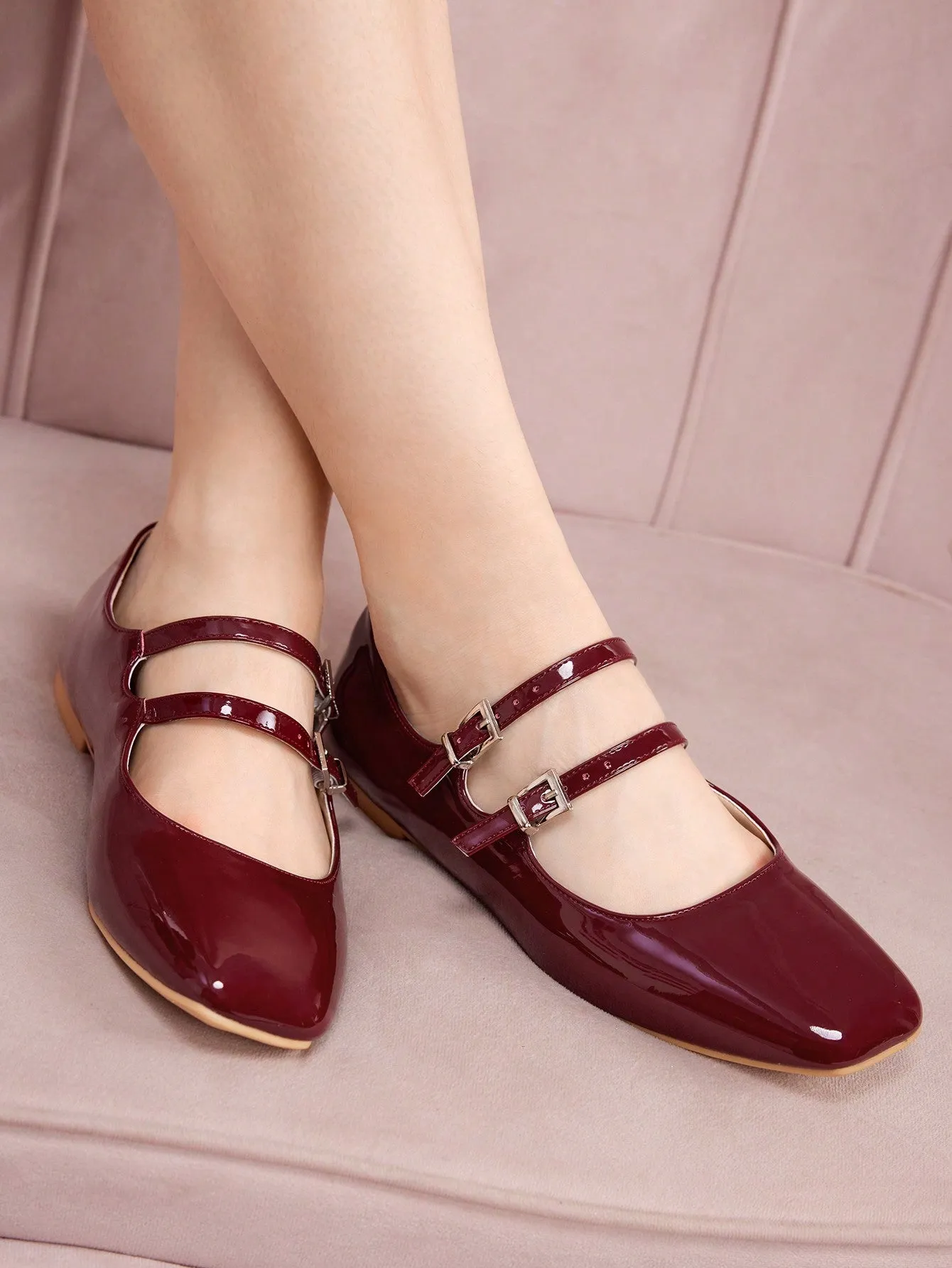 CUCCOO DOLLMOD Women Fashion Leather Burgundy Mary Jane Buckle Decor Square Toe Red Flats, Valentine's Shoes For Summer Vacation Shoes Summer Sale Back To School Shoes College Student Shoes