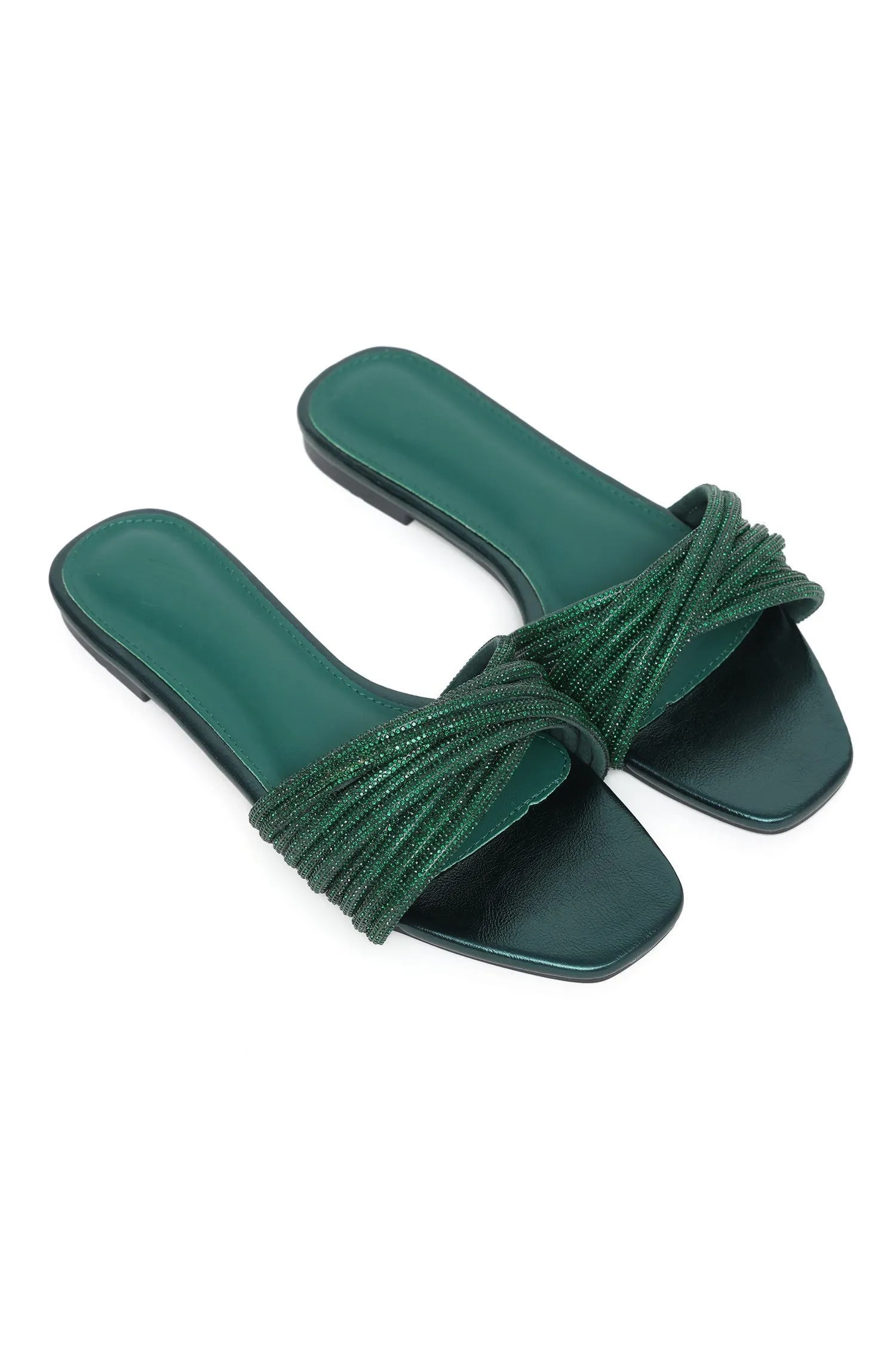 ELEGANT BEADED-STRAP SLIDES-GREEN