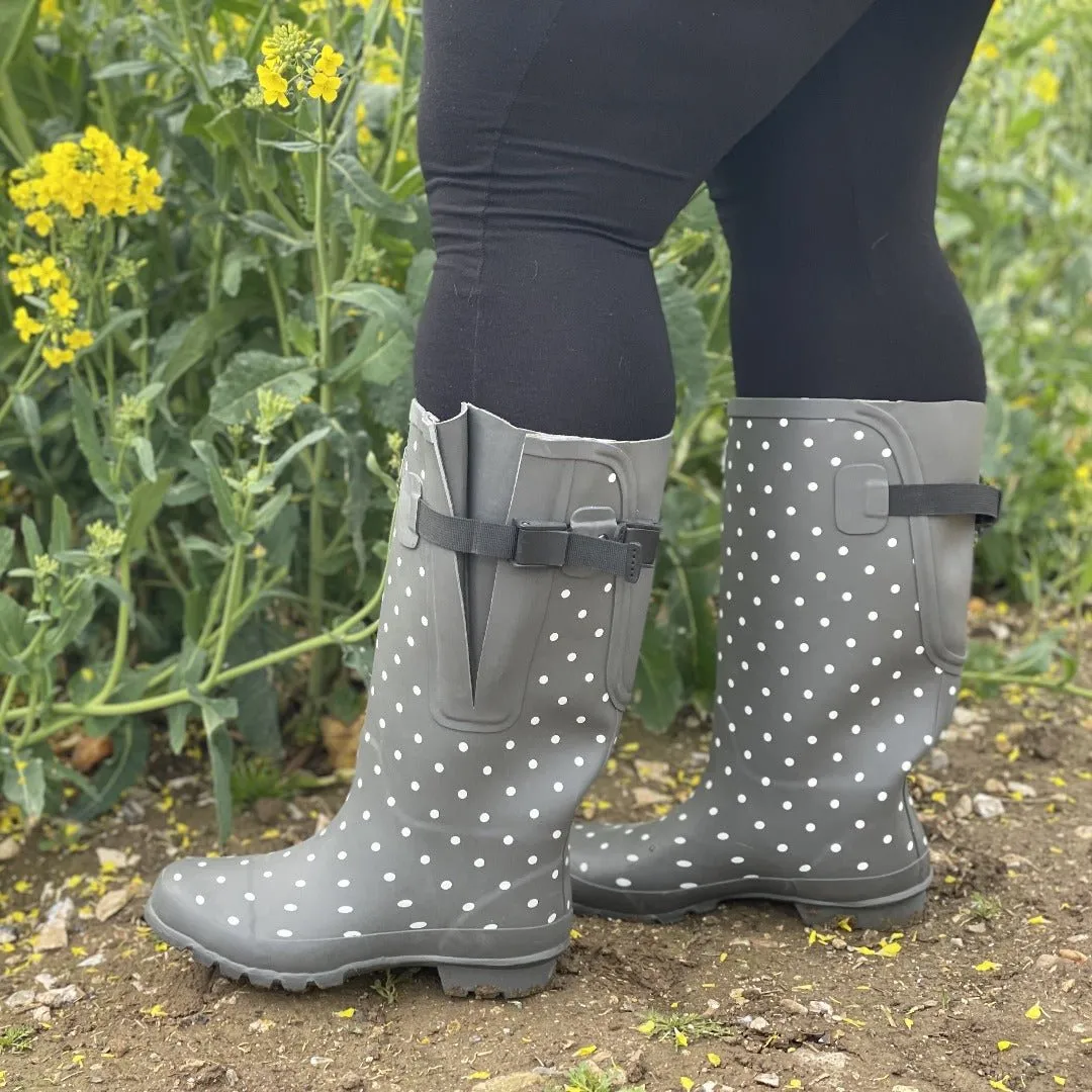 Extra Wide Calf Grey Spotty Wellies - fit up to 50cm calf - Wide in Foot and Ankle