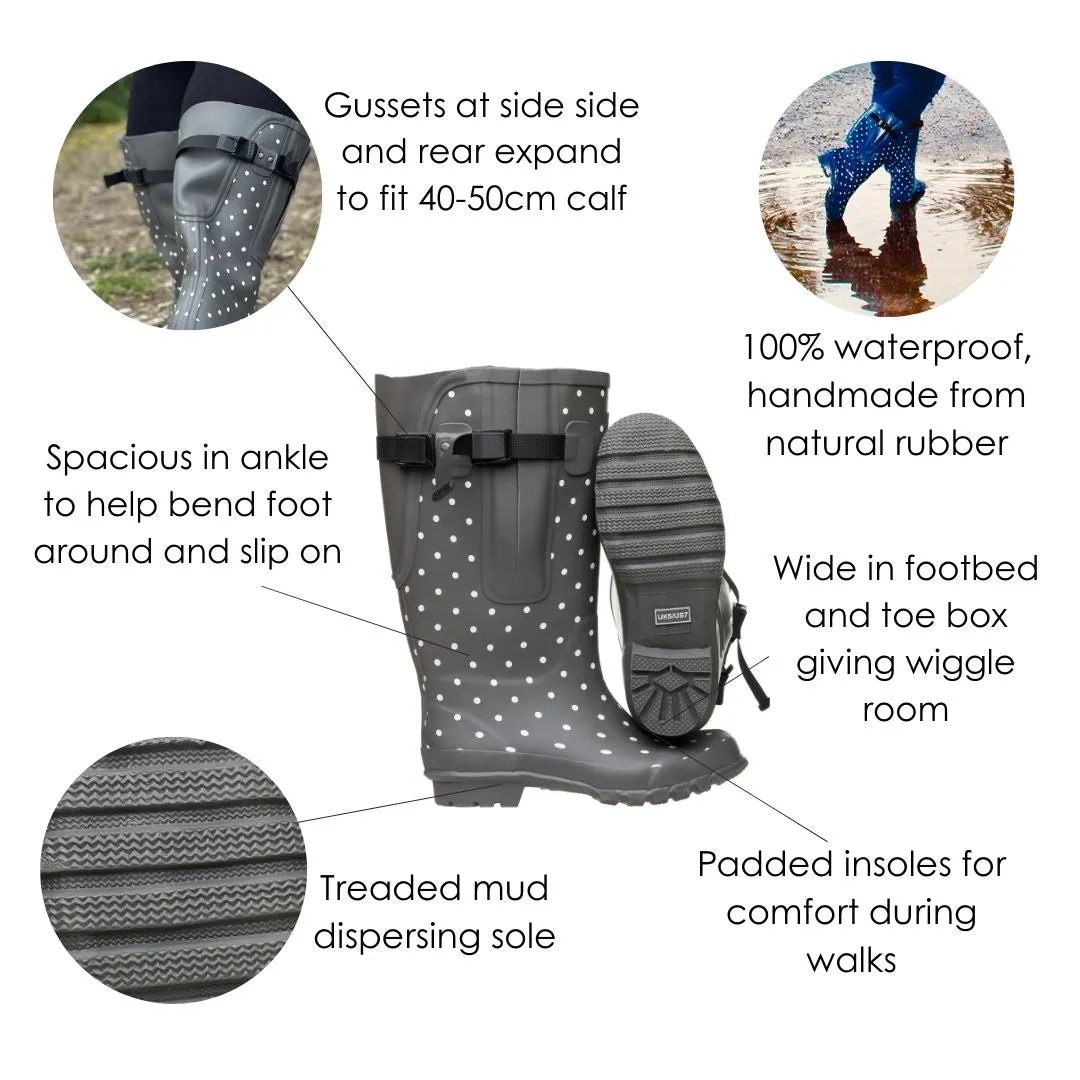 Extra Wide Calf Grey Spotty Wellies - fit up to 50cm calf - Wide in Foot and Ankle