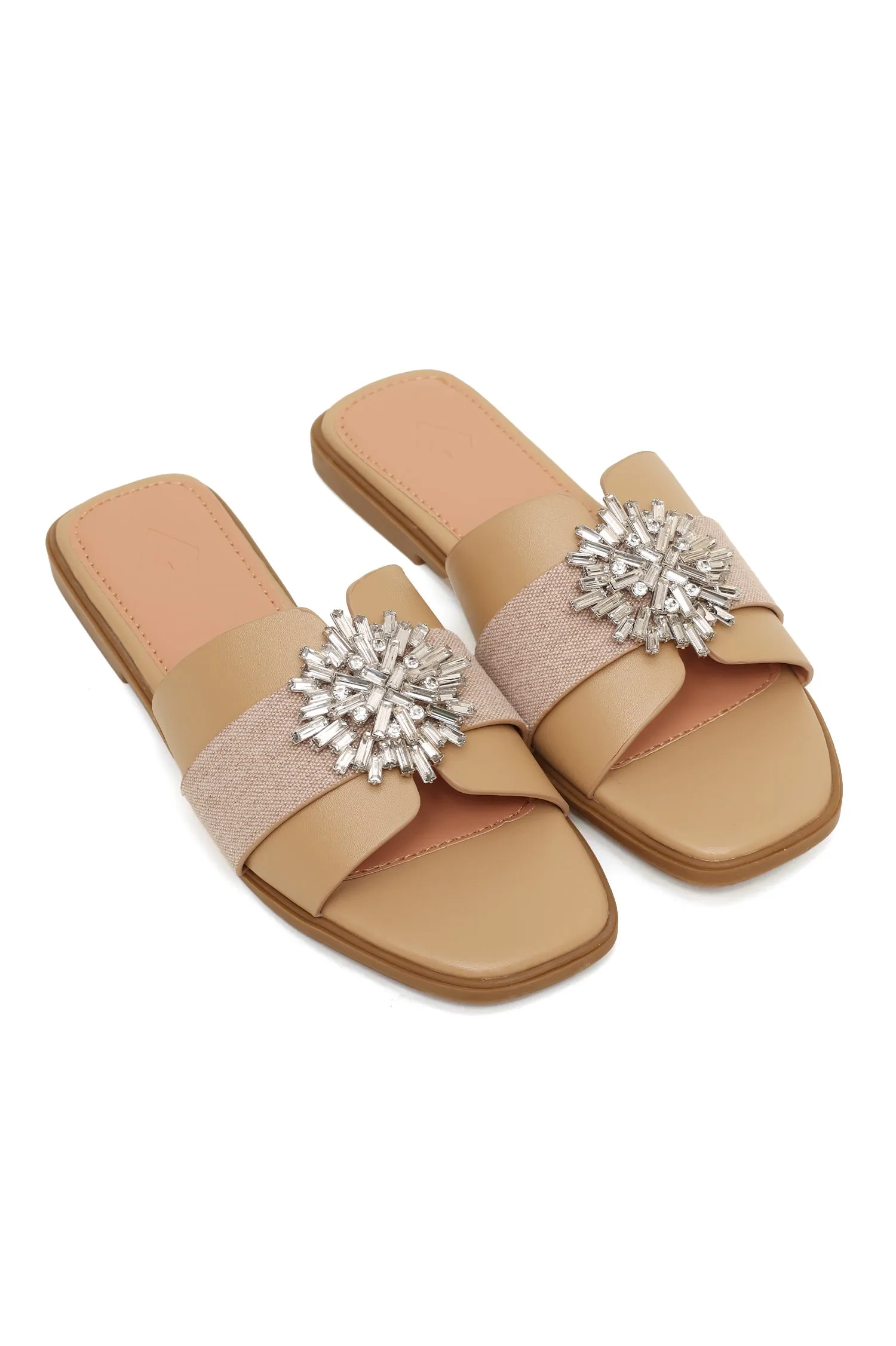 GLIMMER LUXE CRYSTAL EMBELLISHED SLIDES-KHAKI