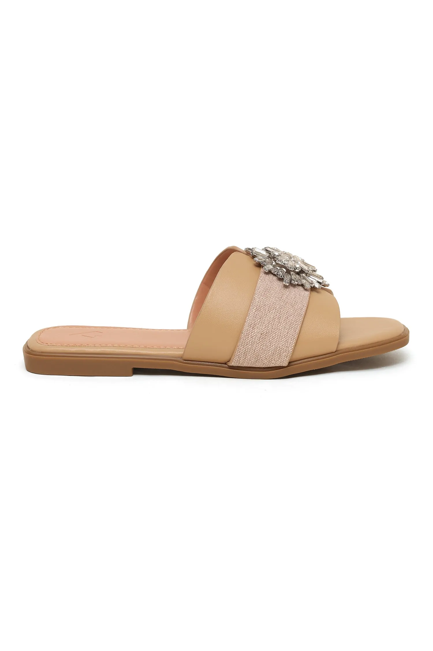 GLIMMER LUXE CRYSTAL EMBELLISHED SLIDES-KHAKI