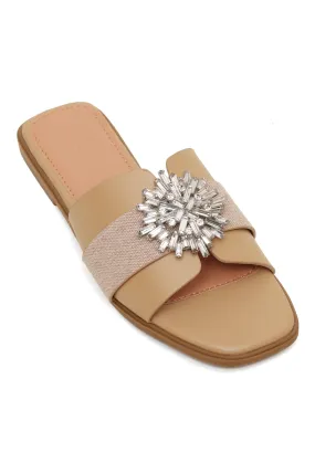 GLIMMER LUXE CRYSTAL EMBELLISHED SLIDES-KHAKI