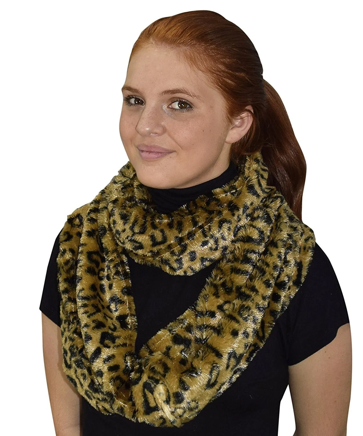 Golden Brown Peach Couture Faux fur Leopard Zebra Print Plush Cowl Collar Infinity Loop Scarf