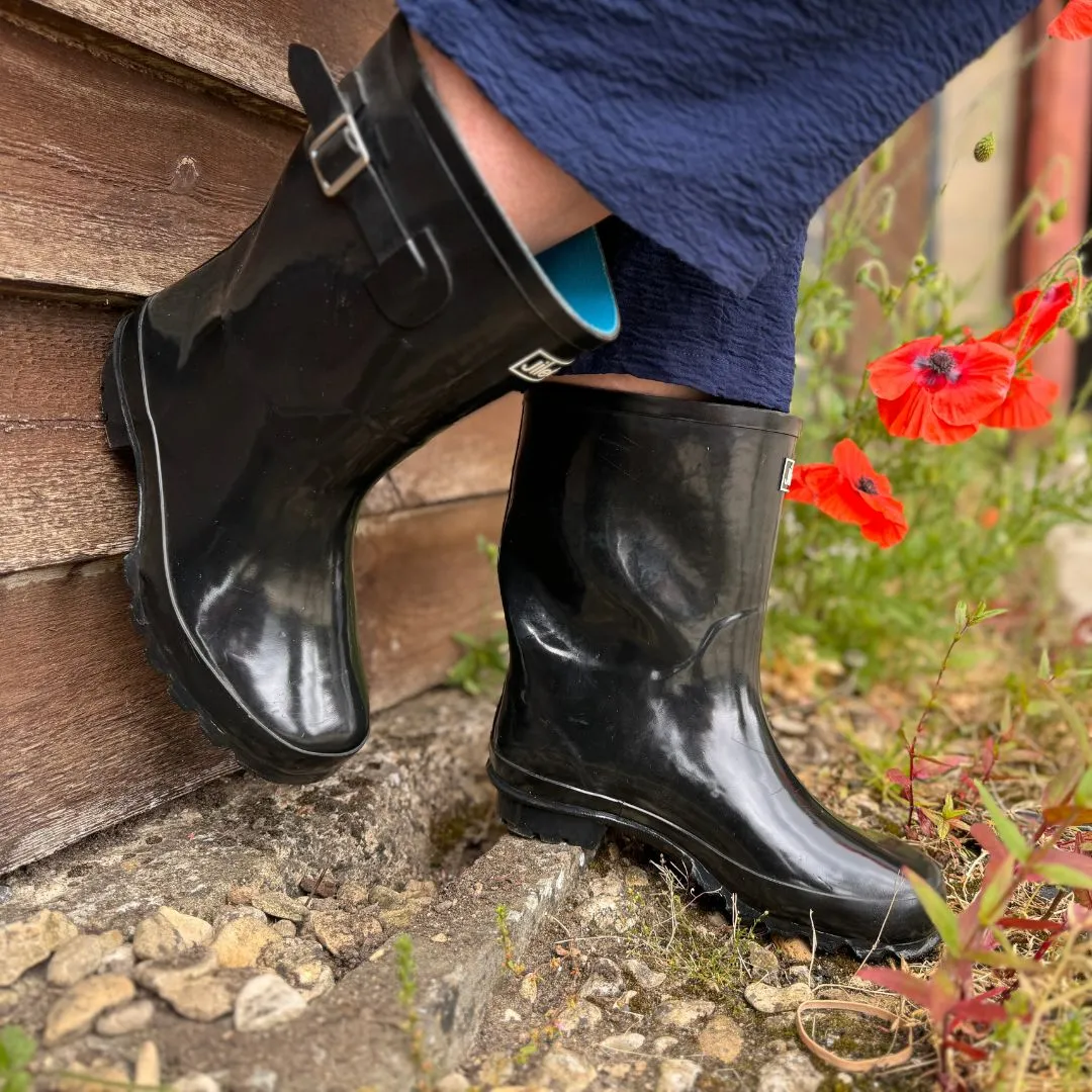 Half Height Black Glossy Wellies - Wide Foot and Ankle