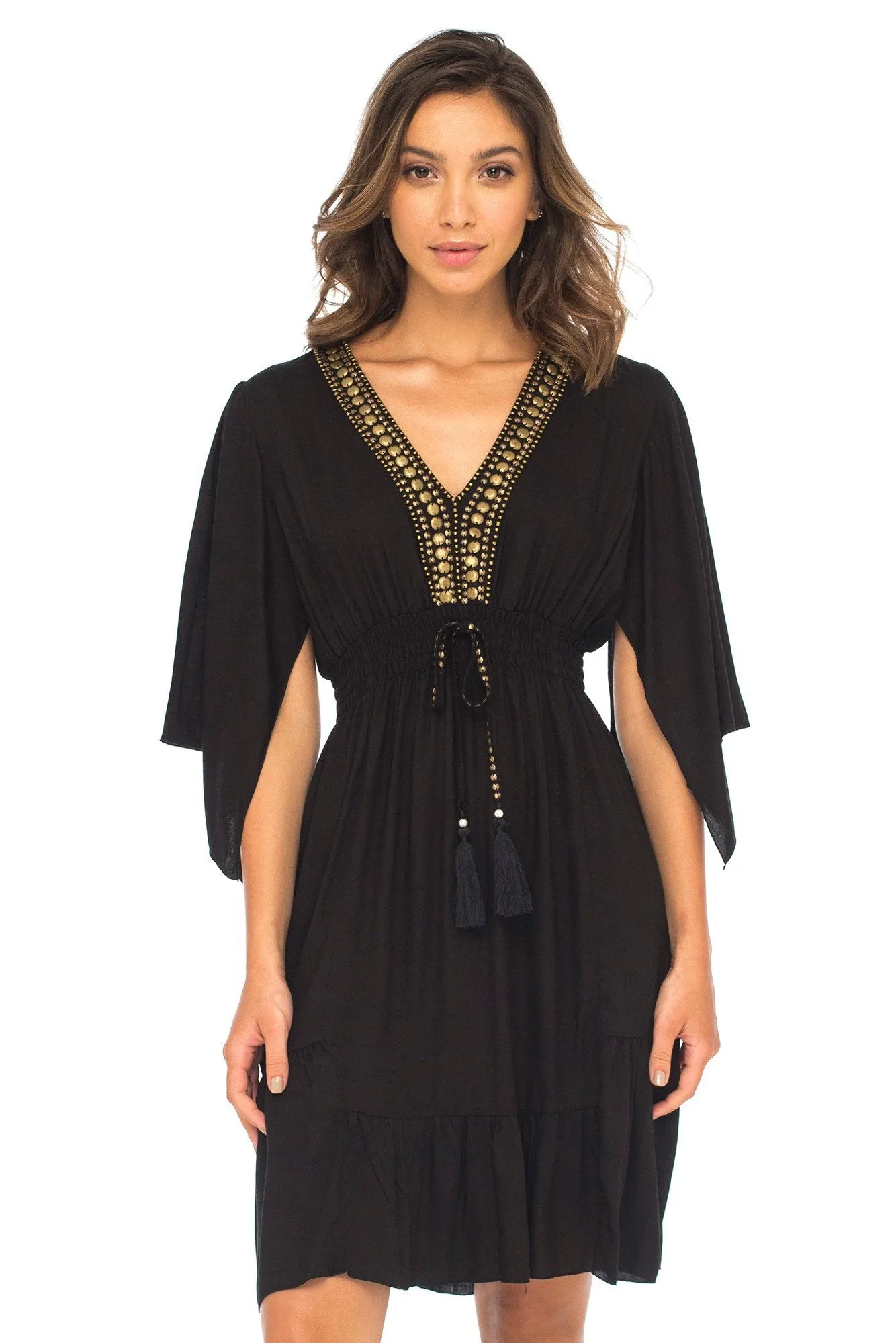 Short Beaded Deep V Neck Sundress