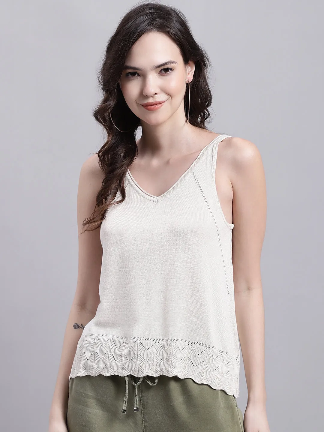 Women Beige V Neck Top