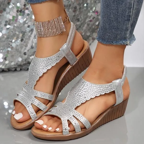 Women's Bohemian Rhinestone Elastic Wedge Sandals 37419249S